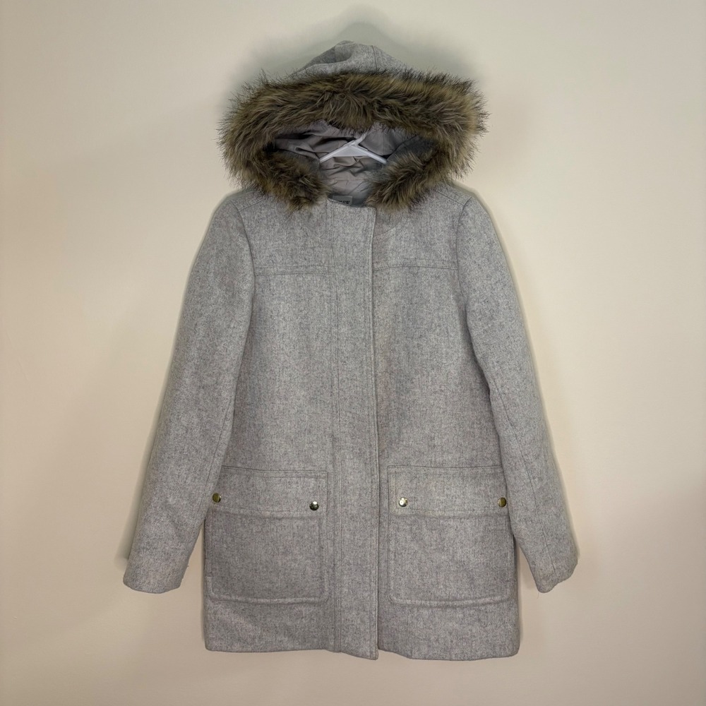 J.Crew Parka Coat Womens 2 Grey Faux Fur Hood Wool Blend Winter Jacket